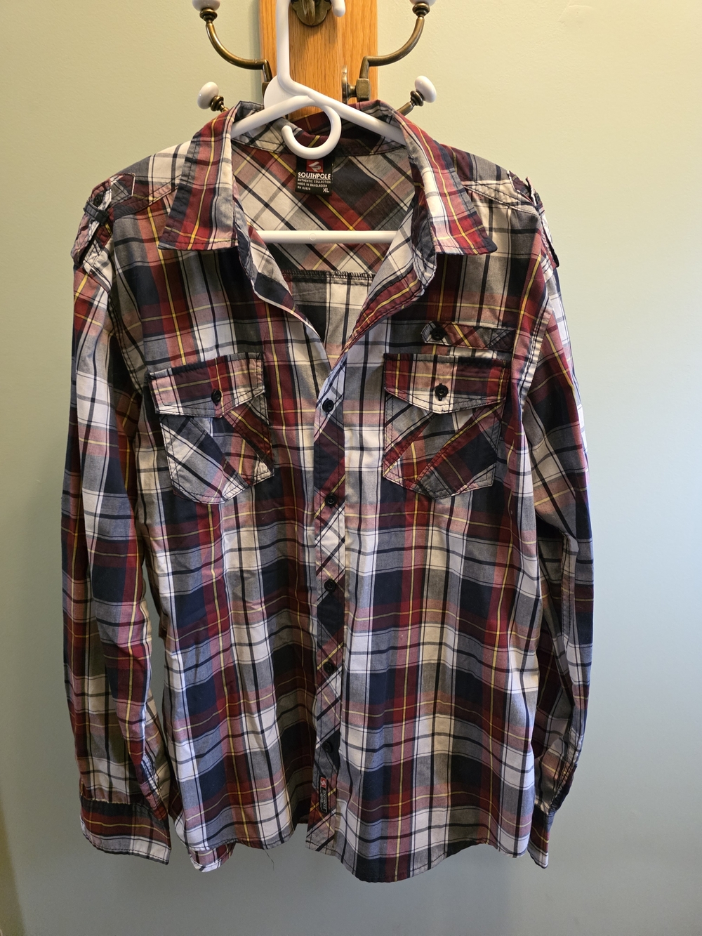South Pole Men’s Burgundy, Navy & White Plaid Button-Down Shirt